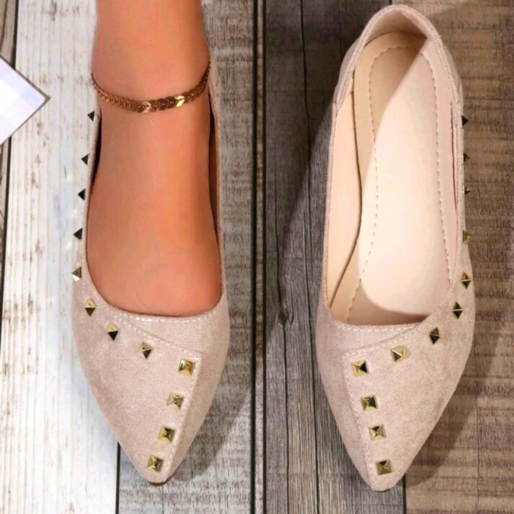 Spiked Detail Beige Pointed Toe Flats